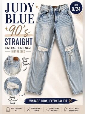 Judy Blue 90s Straight Jeans Distressed High Rise Light Wash Size 0/24